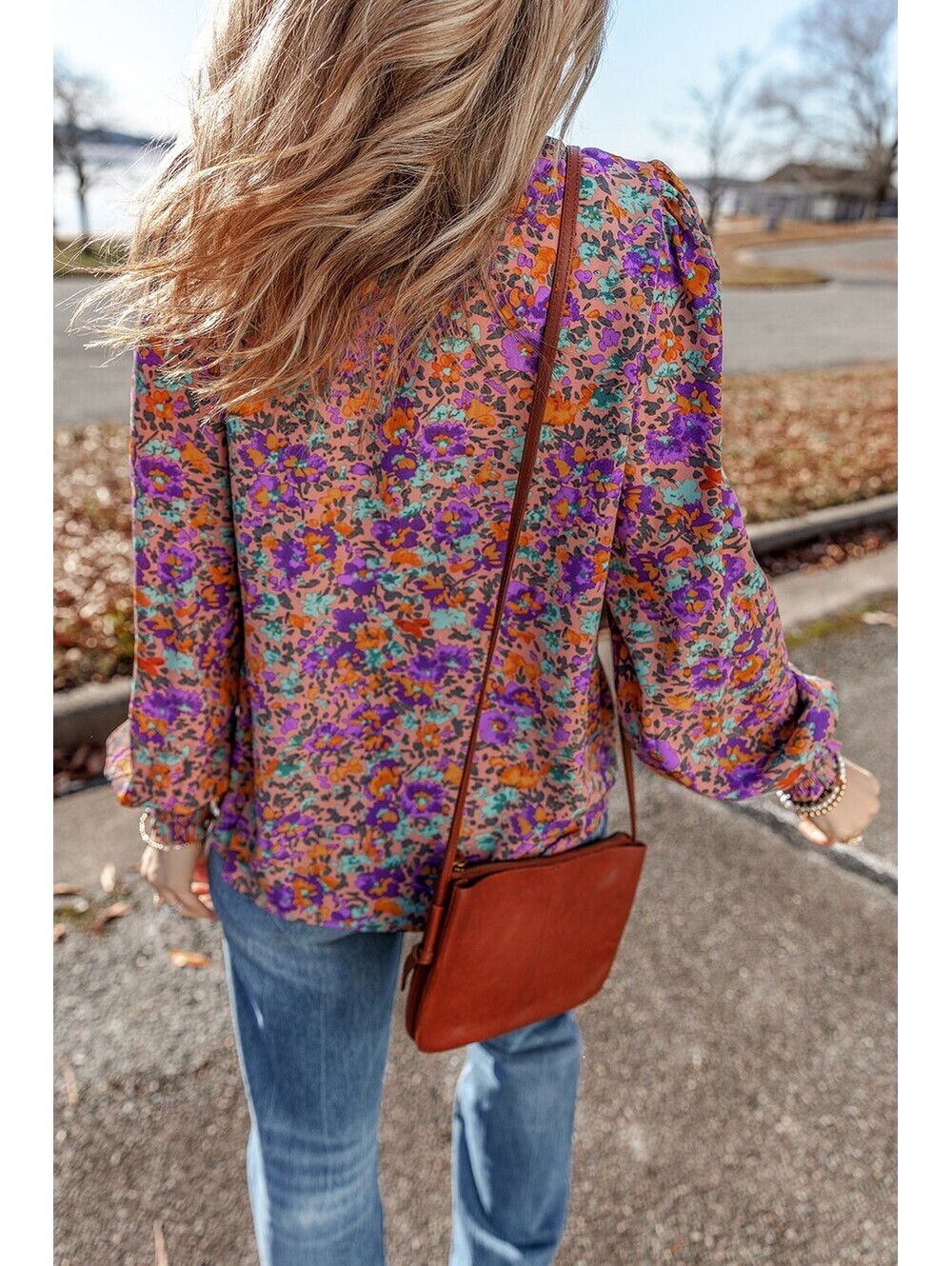 Women's Long Sleeve Floral Print Blouse with Ruffled Neck and Smocked Cuffs - Picture 7 of 7